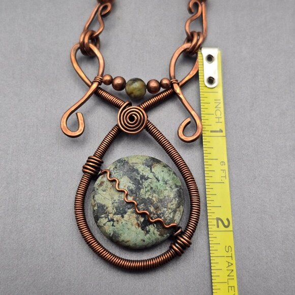VTG Copper Wire Wrapped Jasper Pendant Necklace 18" Adjustable Length Statement - Picture 10 of 11